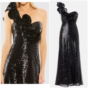 Ieena Mac Duggal Sequin Ruffled One Shoulder Gown Black Maxi Dress - Size 6
